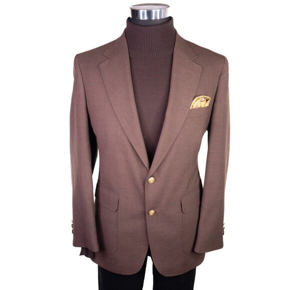 Stafford Two Gold Tone Button Blazer Jacket Brown 41R Sport Coat Solid Wool - Picture 2 of 14